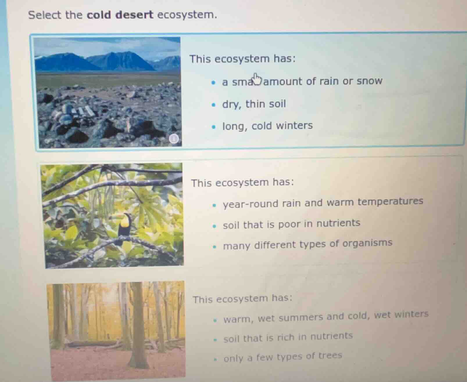 select the cold desert ecosystem. this ecosystem has: - a small amount …