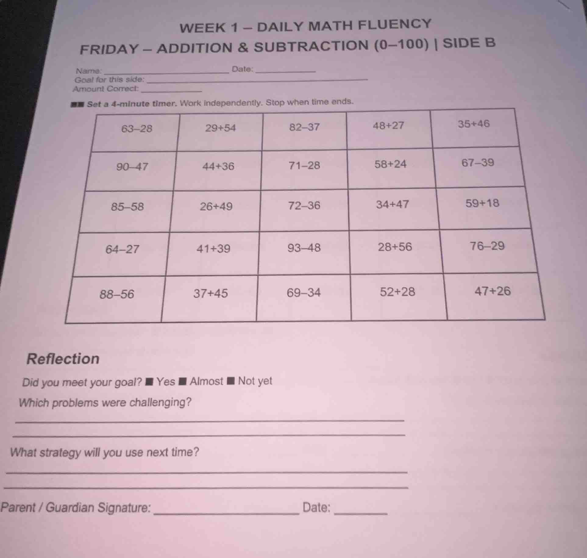 week 1 – daily math fluency friday – addition & subtraction (0–100) | s…