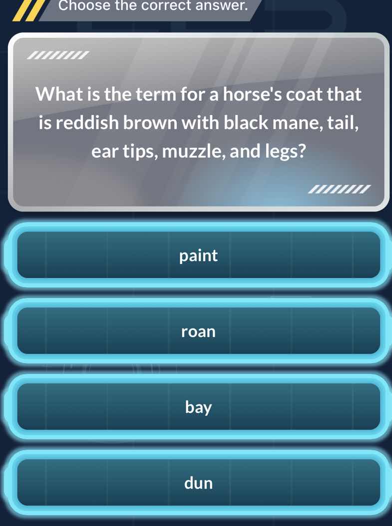 choose the correct answer. what is the term for a horses coat that is r…