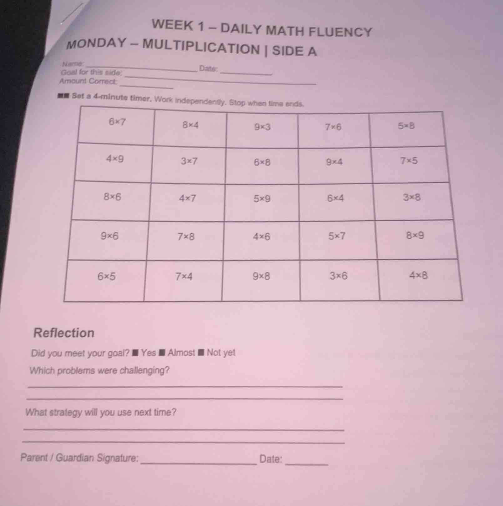 week 1 – daily math fluency monday – multiplication | side a name: ____…