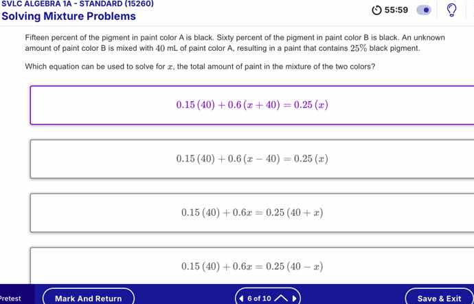 svlc algebra 1a - standard (15260) solving mixture problems 55:59 fifte…