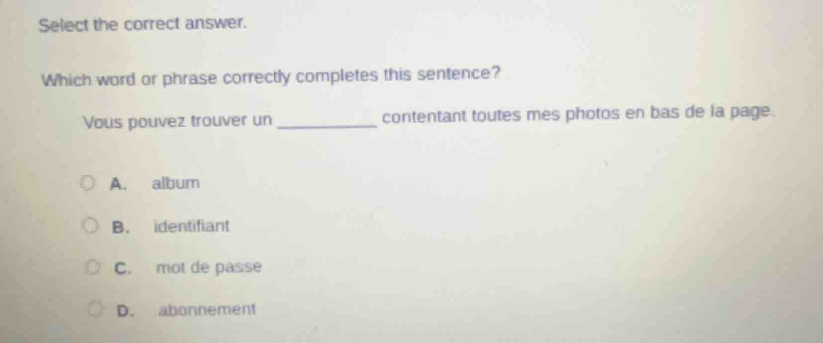 select the correct answer. which word or phrase correctly completes thi…