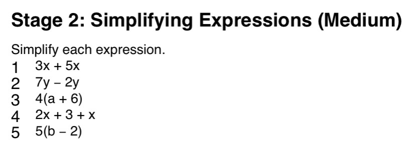 stage 2: simplifying expressions (medium) simplify each expression. 1 3…