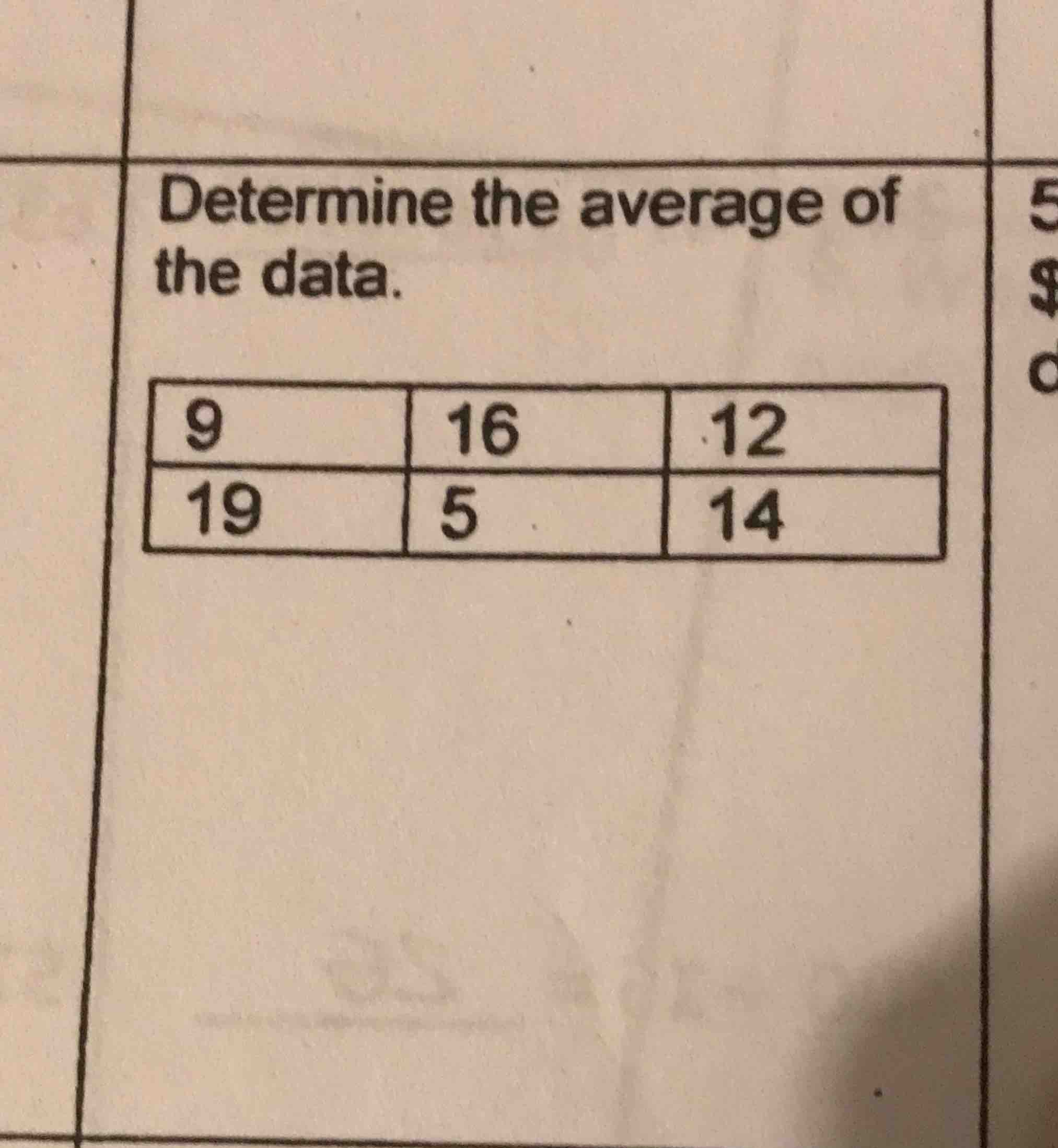 determine the average of the data. 9 16 12 19 5 14