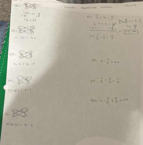 31. 7x = 21 - x + x + x 8x = 21 32. 4 - 20 = 16x 33. 10 - 9 = 16 - 5 34…