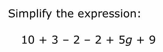 simplify the expression: 10 + 3 - 2 - 2 + 5g + 9