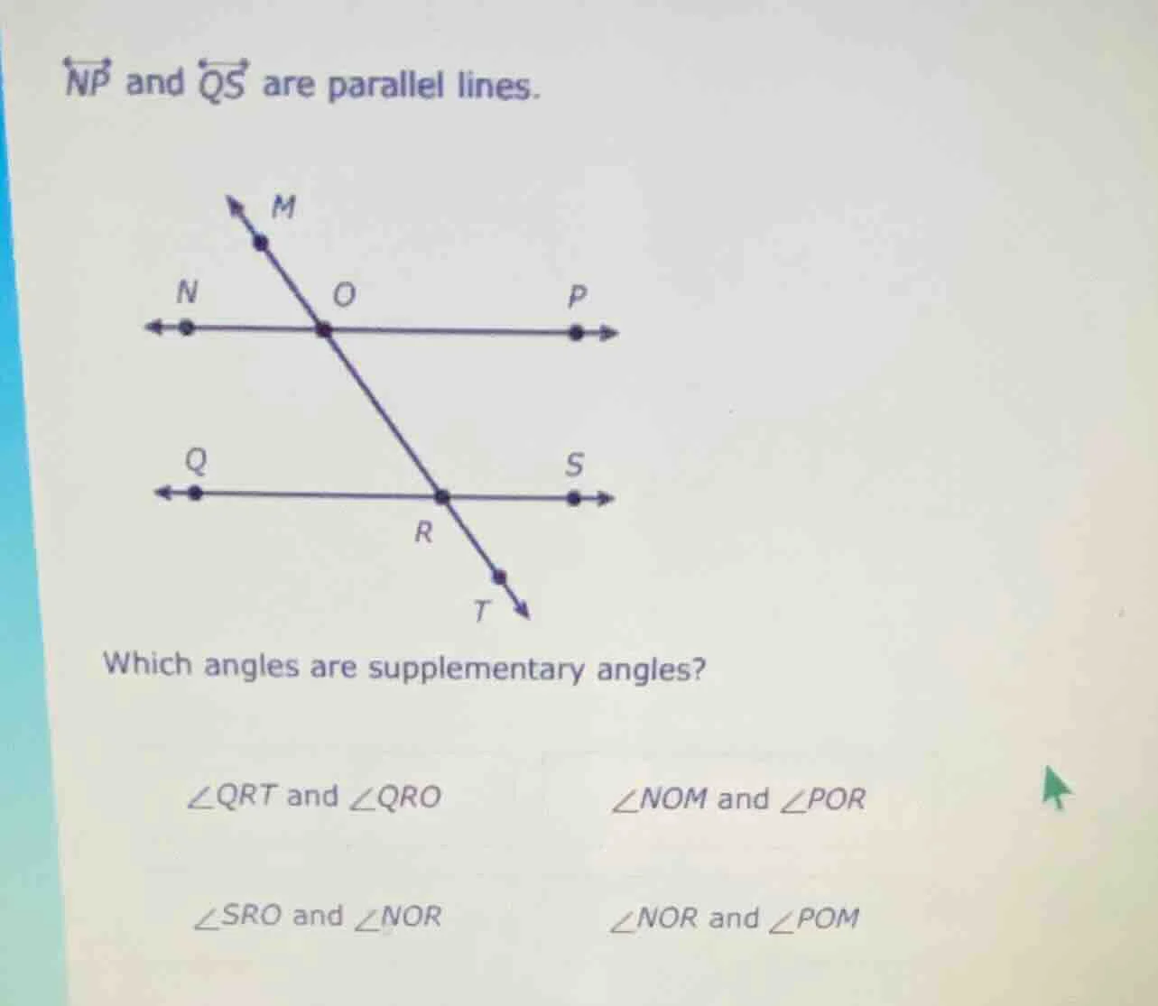 np and qs are parallel lines. which angles are supplementary angles? ∠q…