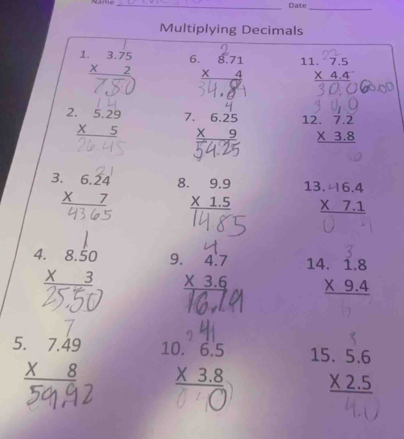 name ______________ date __________ multiplying decimals 1. 3.75 × 2 __…