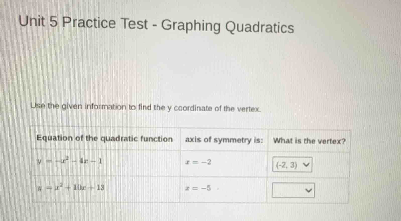 unit 5 practice test - graphing quadratics use the given information to…