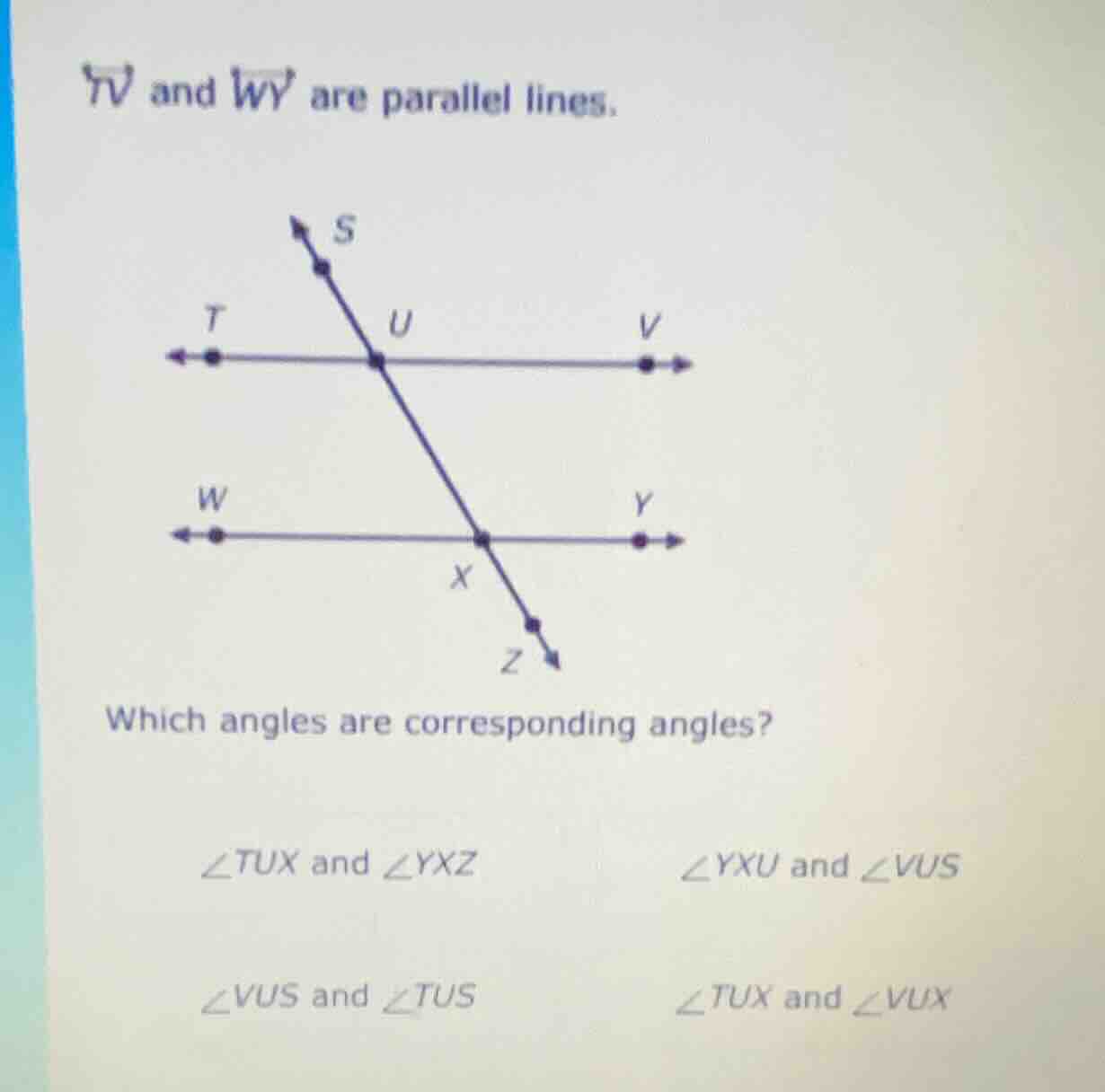 tv and wy are parallel lines. diagram of two parallel lines tv and wy c…