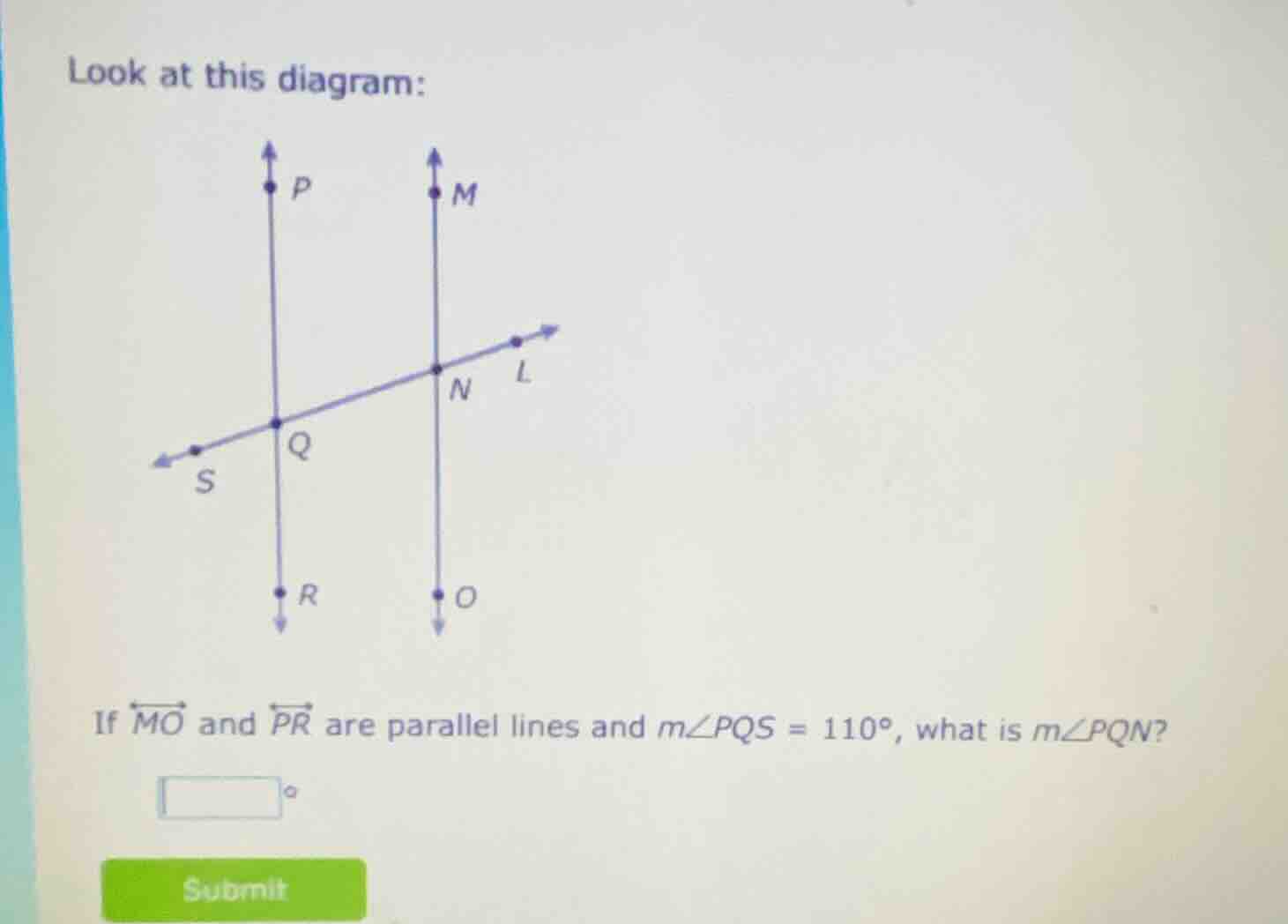 look at this diagram: diagram of lines mo, pr (parallel), and transvers…