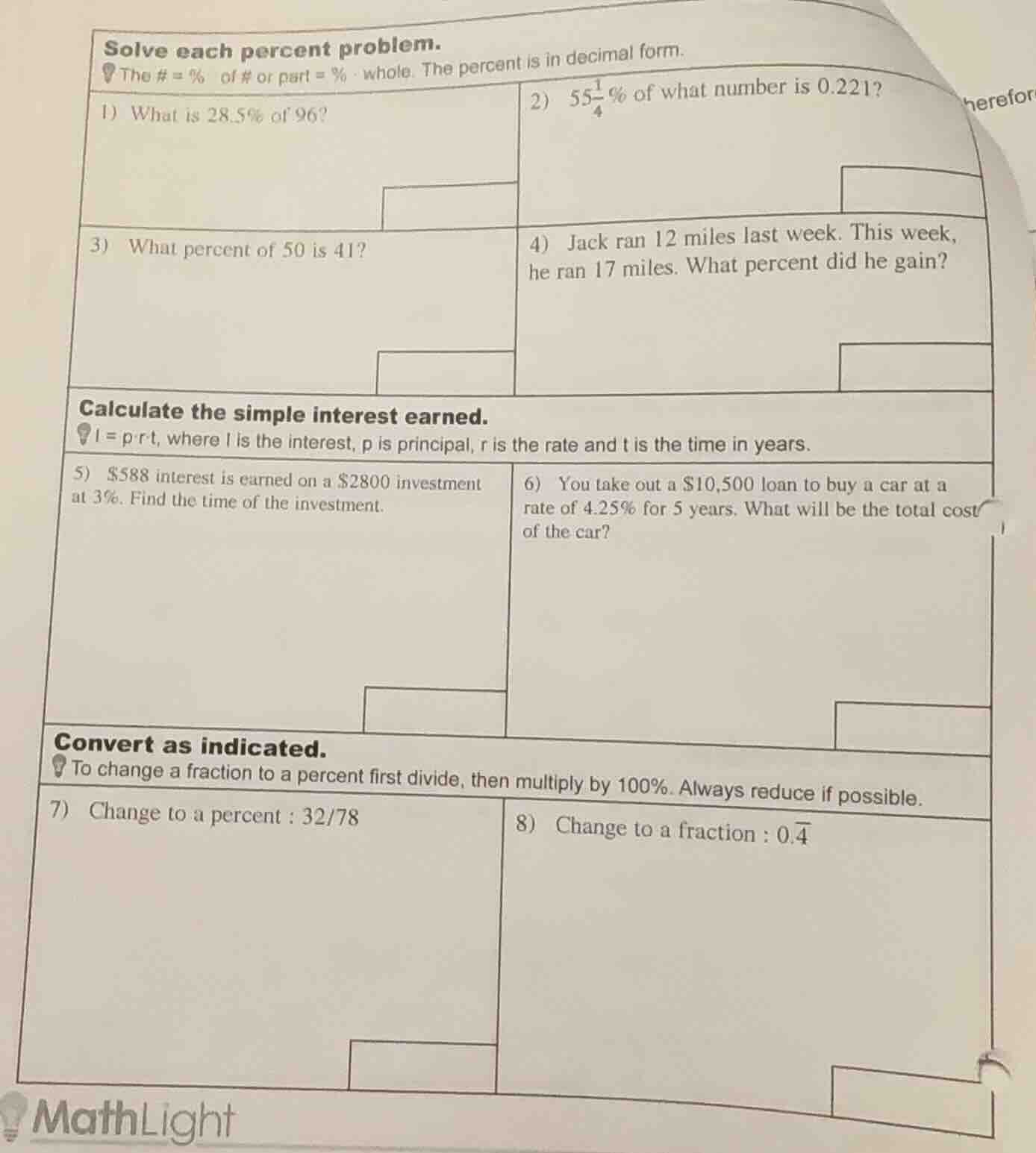 solve each percent problem. the # = % of # or part = % · whole. the per…