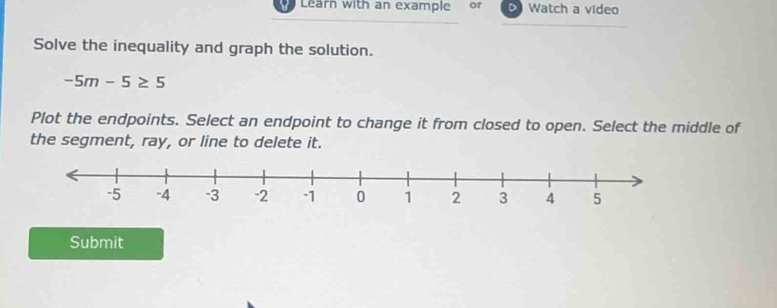solve the inequality and graph the solution. -5m - 5 ≥ 5 plot the endpo…