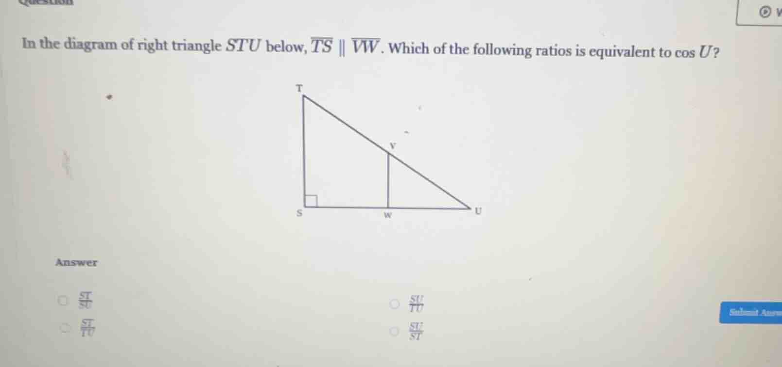 in the diagram of right triangle stu below, \\(\\overline{ts} \\paralle…