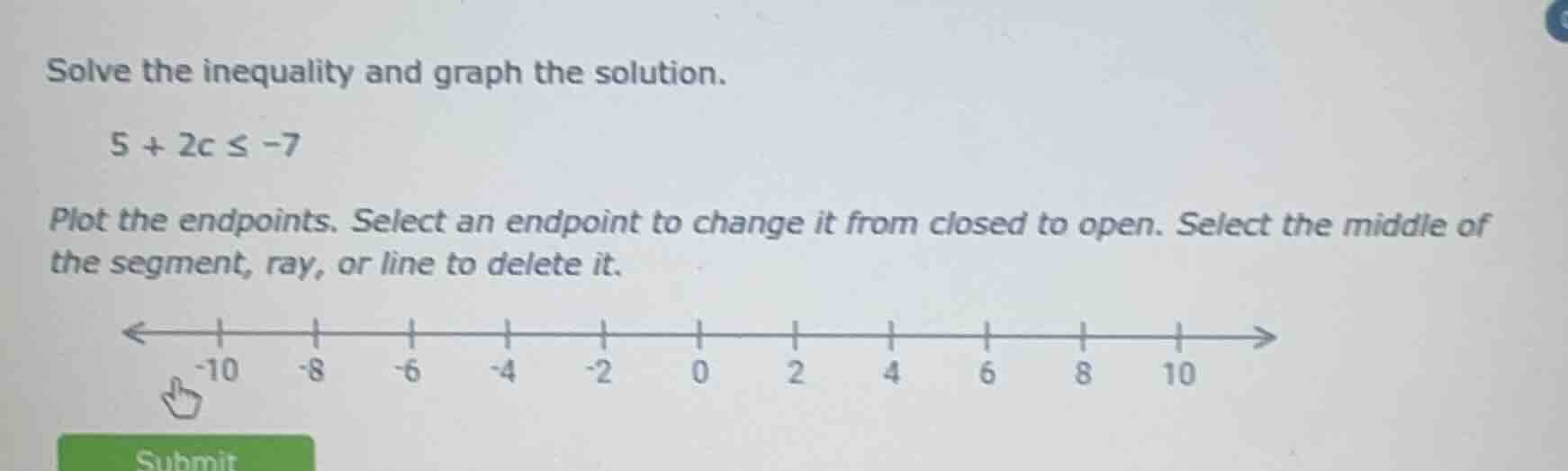 solve the inequality and graph the solution. 5 + 2c ≤ -7 plot the endpo…