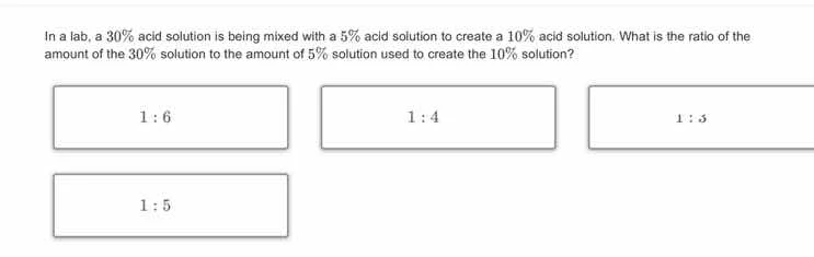 in a lab, a 30% acid solution is being mixed with a 5% acid solution to…