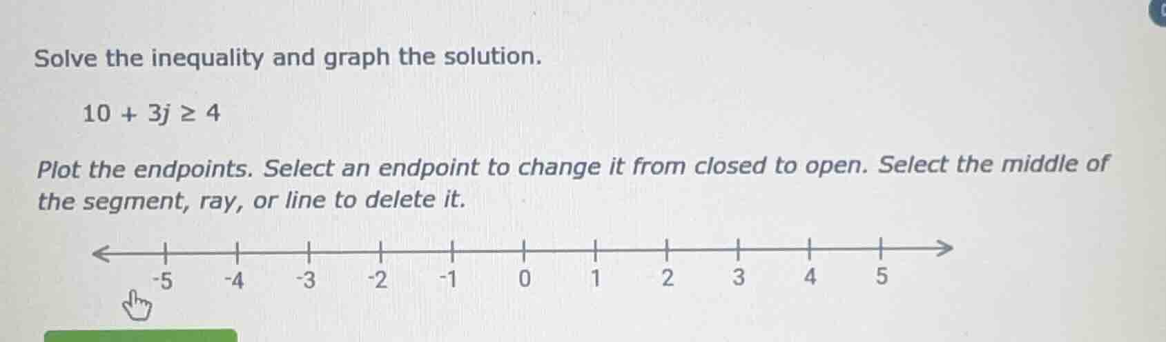 solve the inequality and graph the solution. 10 + 3j ≥ 4 plot the endpo…