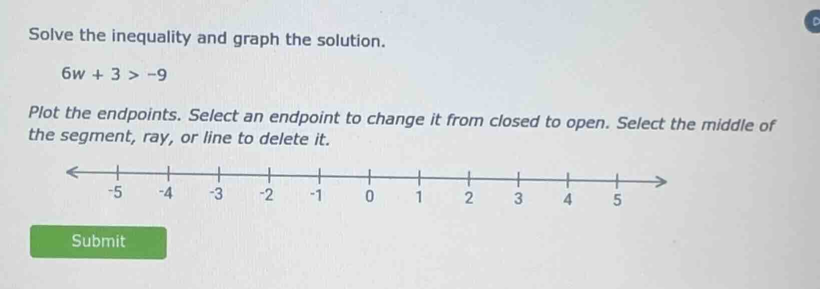 solve the inequality and graph the solution. 6w + 3 > -9 plot the endpo…