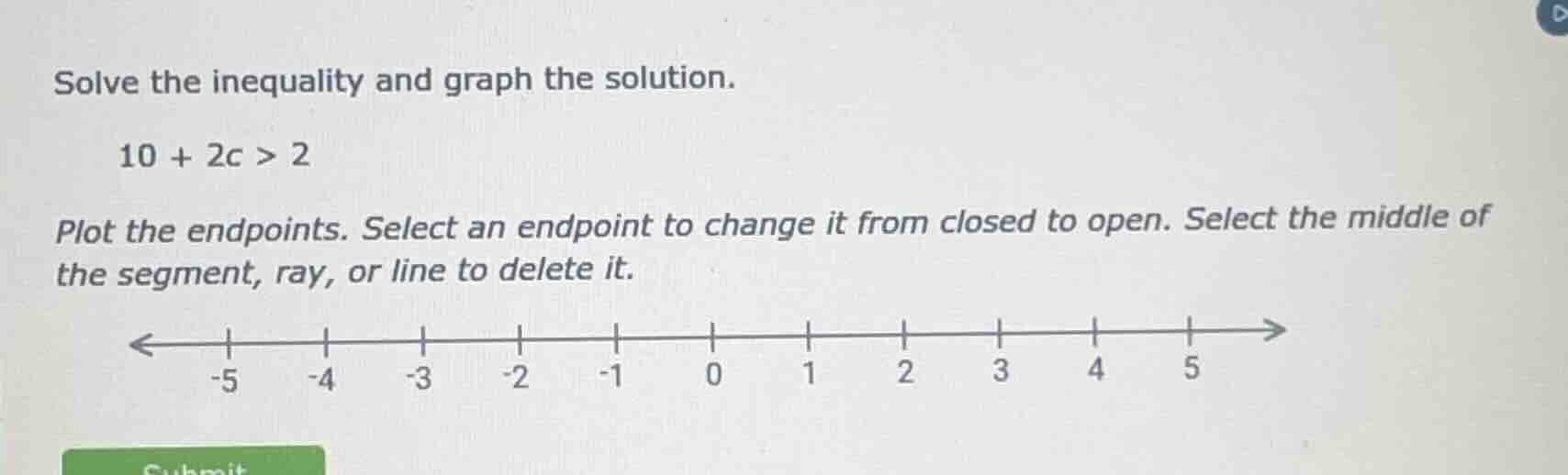 solve the inequality and graph the solution. 10 + 2c > 2 plot the endpo…