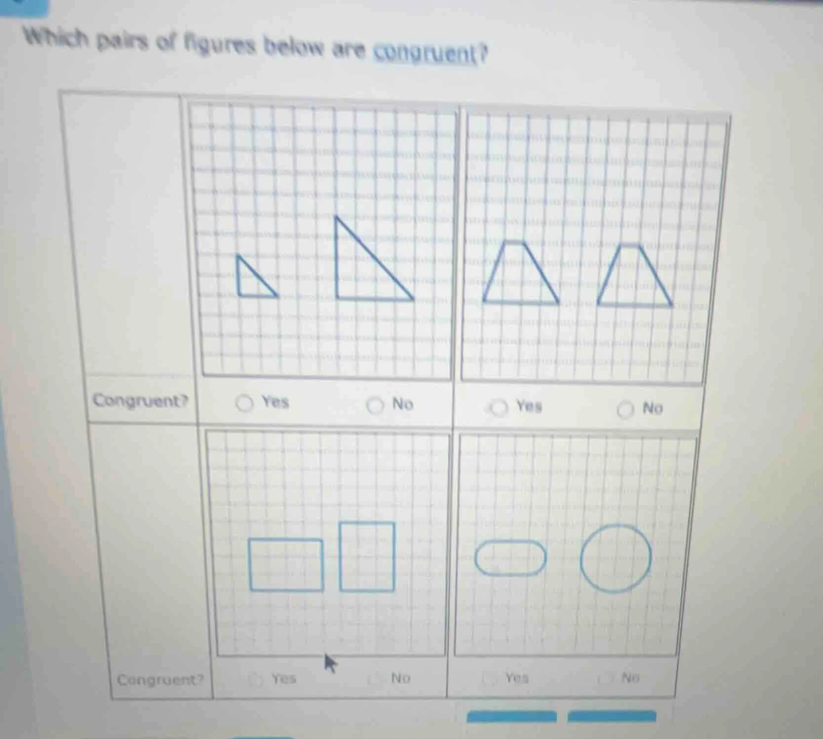 which pairs of figures below are congruent? four pairs of figures with …