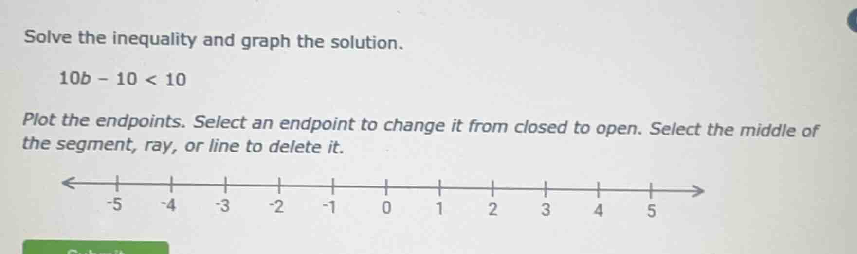 solve the inequality and graph the solution. 10b - 10 < 10 plot the end…