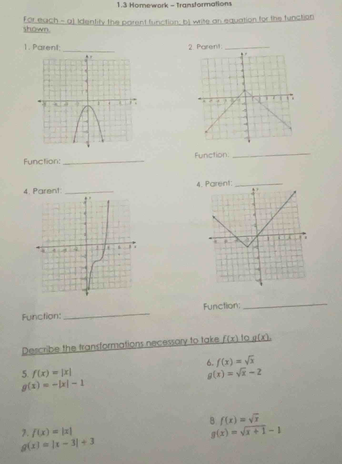 1.3 homework - transformations for each - a) identify the parent functi…