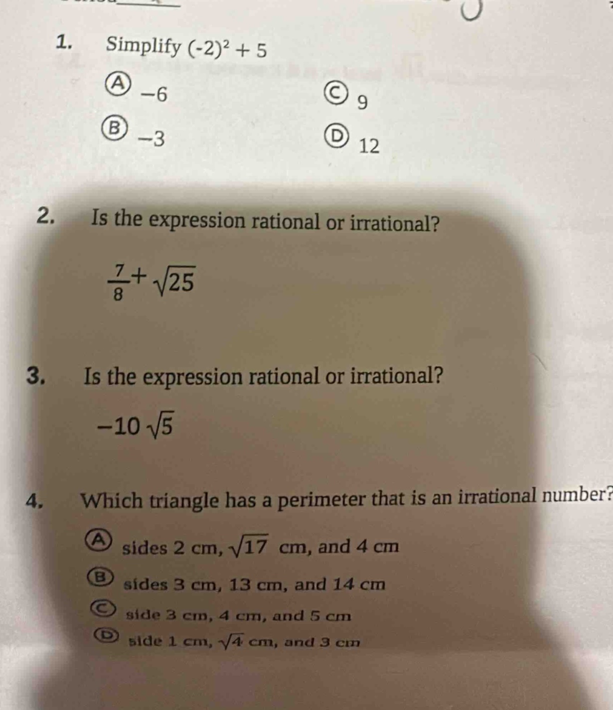1. simplify $(-2)^2 + 5$ a $-6$ c $9$ b $-3$ d $12$ 2. is the expressio…