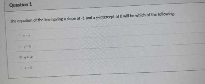 question 1 the equation of the line having a slope of -1 and a y-interc…