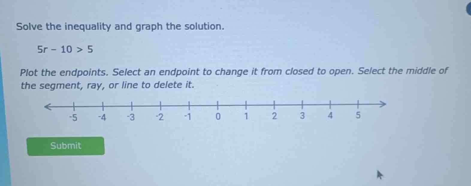 solve the inequality and graph the solution. 5r - 10 > 5 plot the endpo…