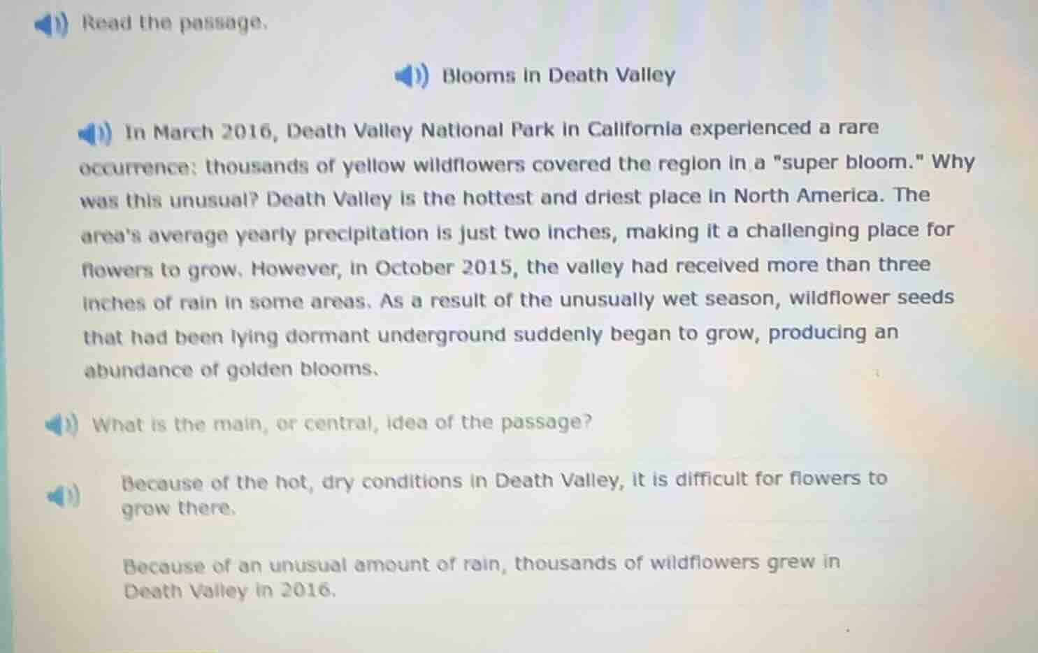 read the passage. blooms in death valley in march 2016, death valley na…