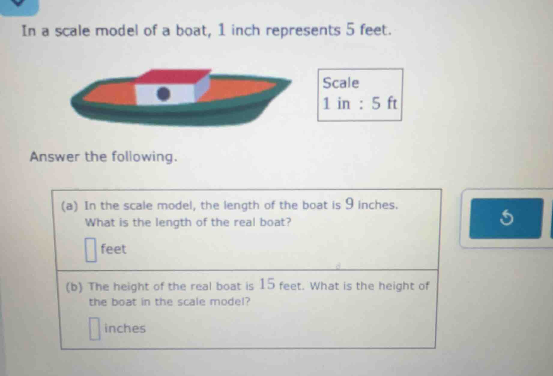 in a scale model of a boat, 1 inch represents 5 feet. scale 1 in : 5 ft…
