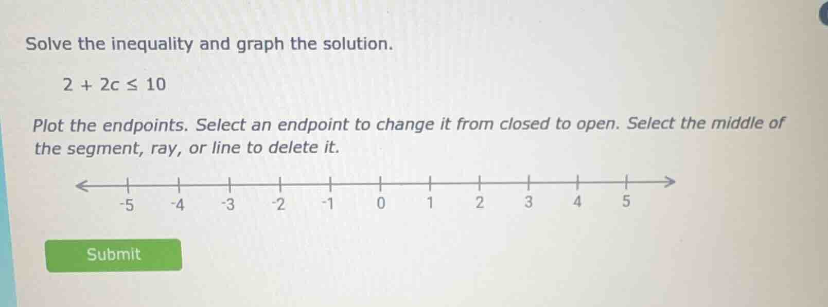 solve the inequality and graph the solution. 2 + 2c ≤ 10 plot the endpo…