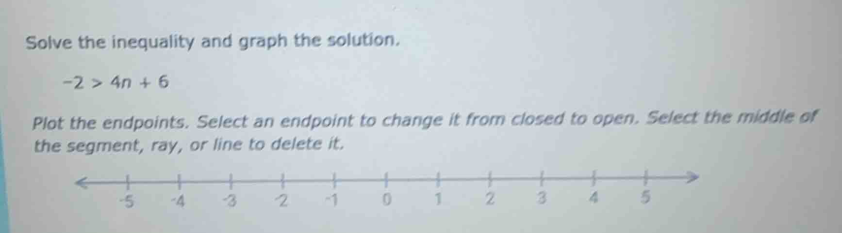 solve the inequality and graph the solution. -2 > 4n + 6 plot the endpo…