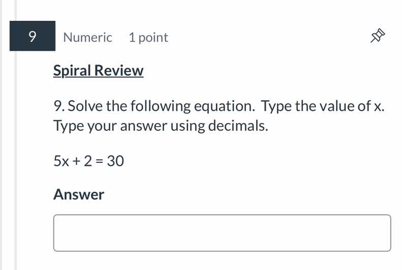 9. solve the following equation. type the value of x. type your answer …