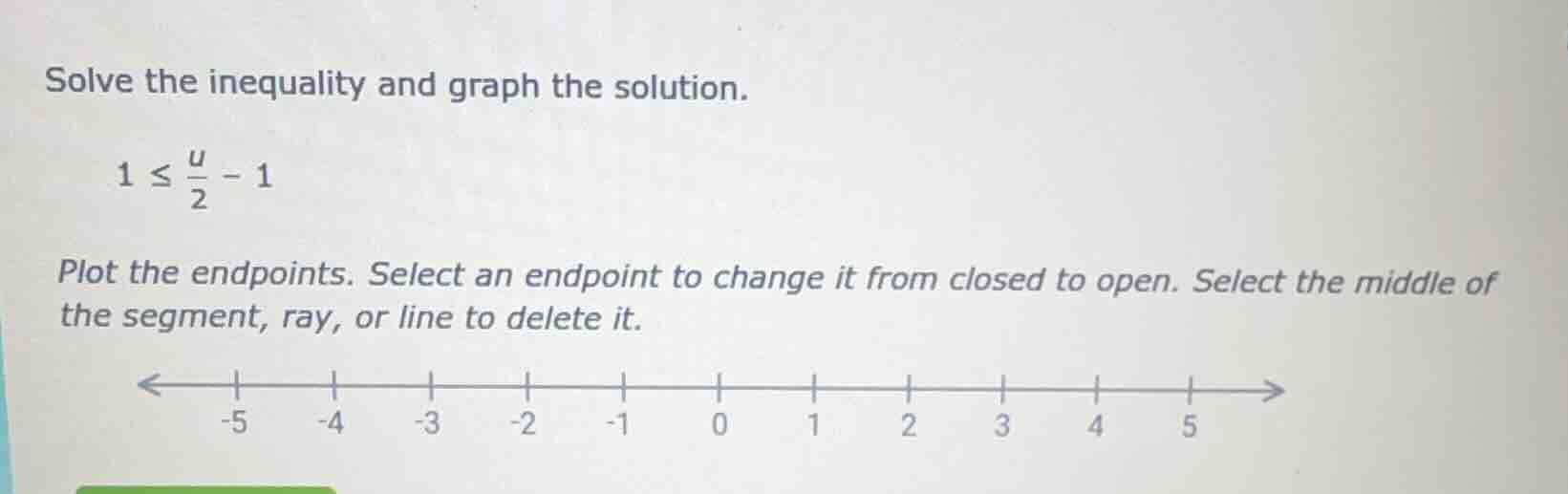solve the inequality and graph the solution. 1 ≤ (u/2) - 1 plot the end…