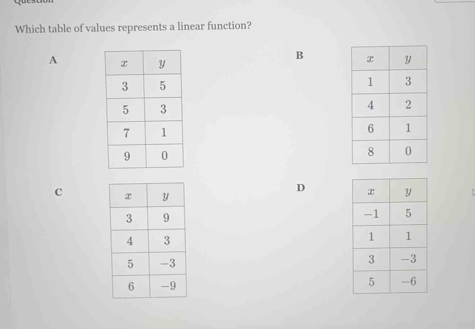 which table of values represents a linear function? a | x | y | |----|-…