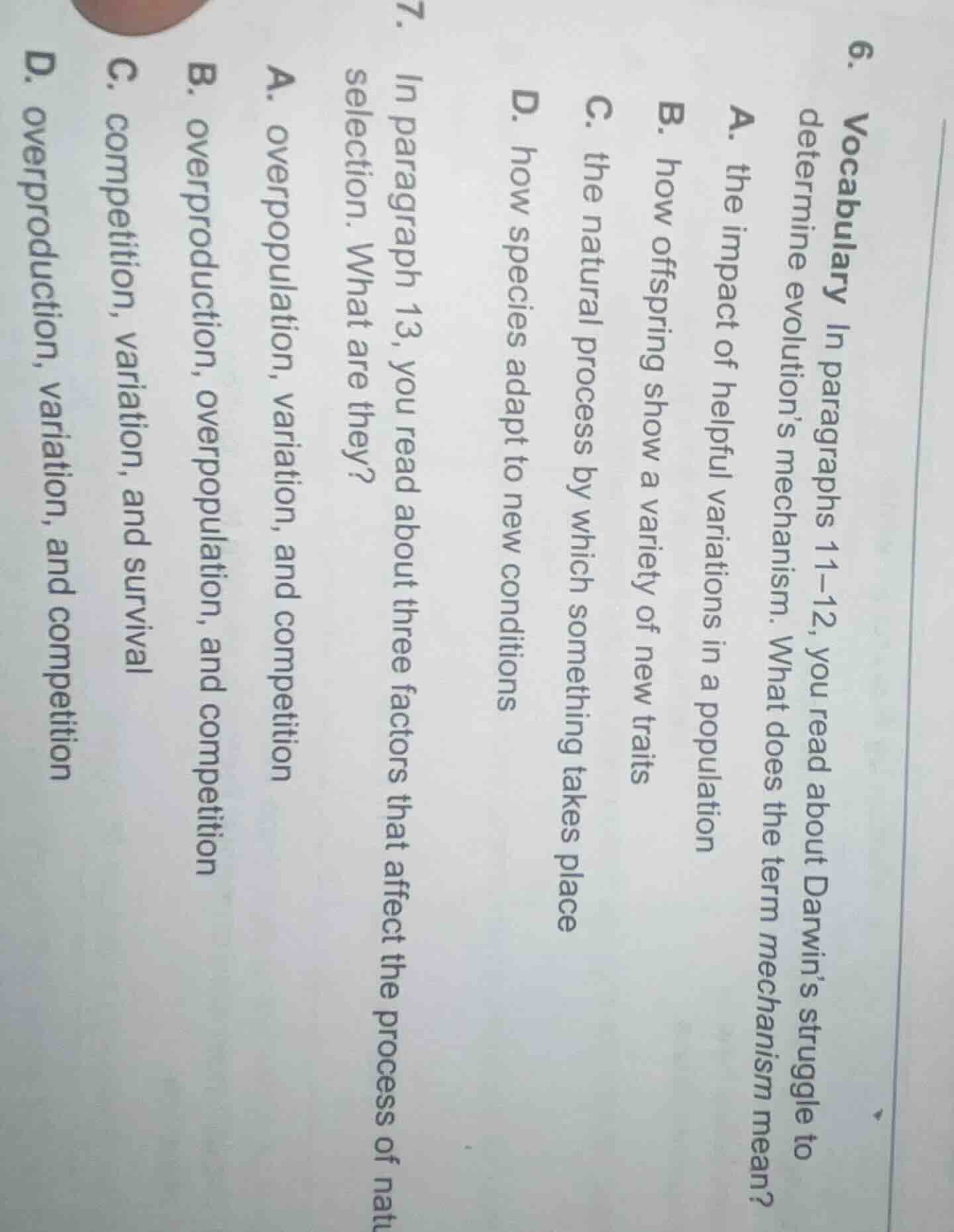 6. vocabulary in paragraphs 11–12, you read about darwin’s struggle to …