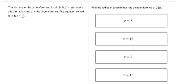 the formula for the circumference of a circle is $c = 2pi r$, where $r$…