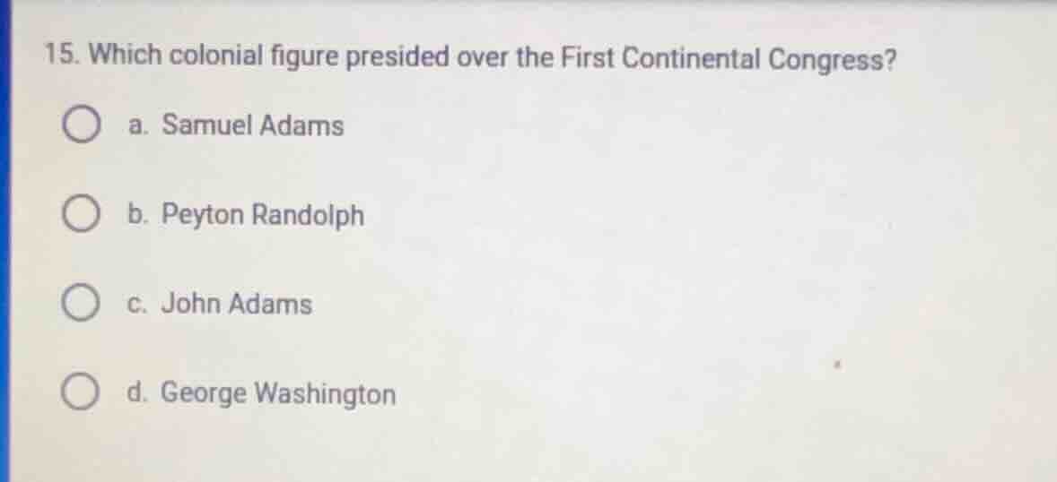 15. which colonial figure presided over the first continental congress?…