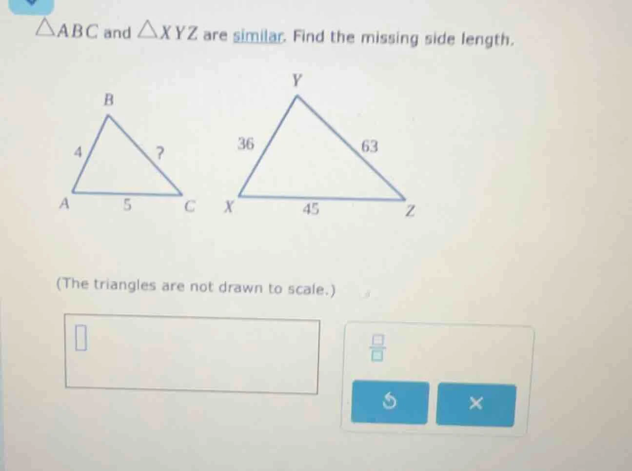 △abc and △xyz are similar. find the missing side length. (the triangles…