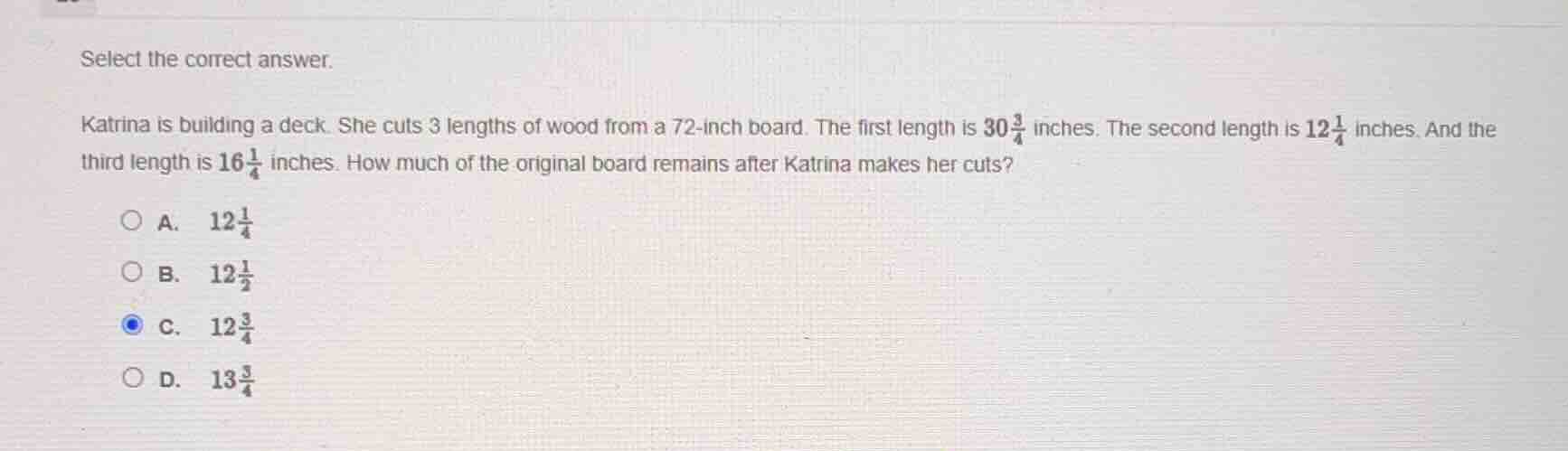 select the correct answer. katrina is building a deck. she cuts 3 lengt…