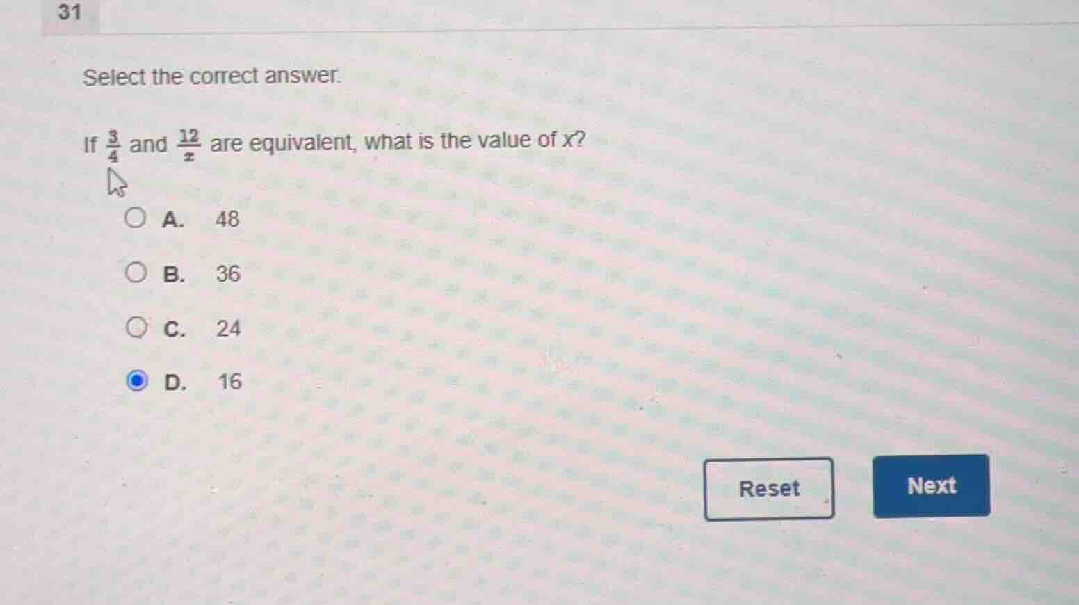 select the correct answer. if \\(\\frac{3}{4}\\) and \\(\\frac{12}{x}\\…