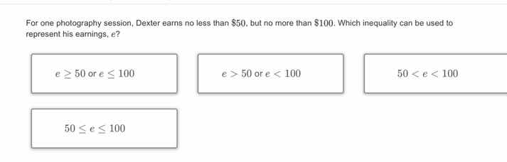 for one photography session, dexter earns no less than $50, but no more…