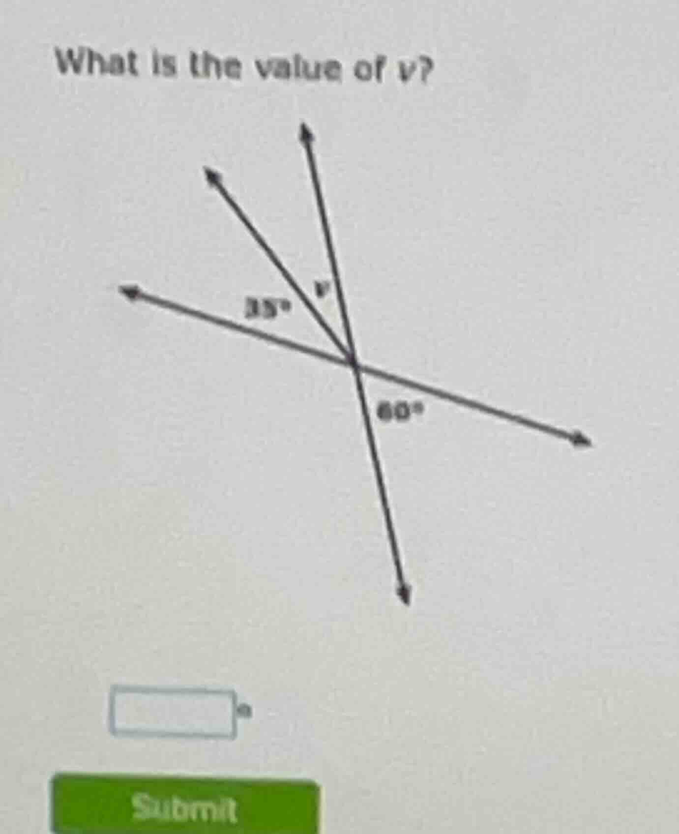 what is the value of v? (with a diagram of intersecting lines, angles 3…