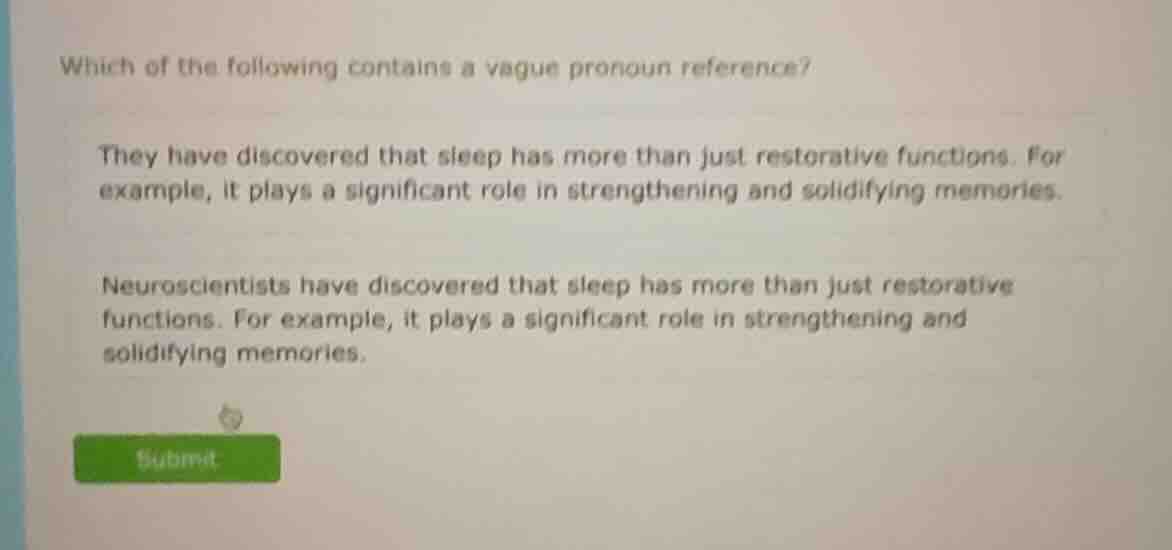 which of the following contains a vague pronoun reference? they have di…
