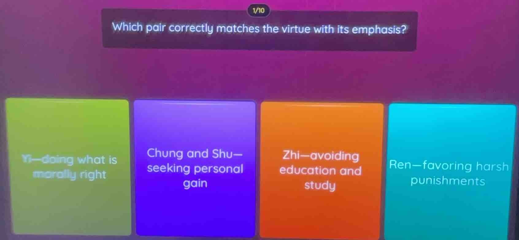 which pair correctly matches the virtue with its emphasis? yi—doing wha…