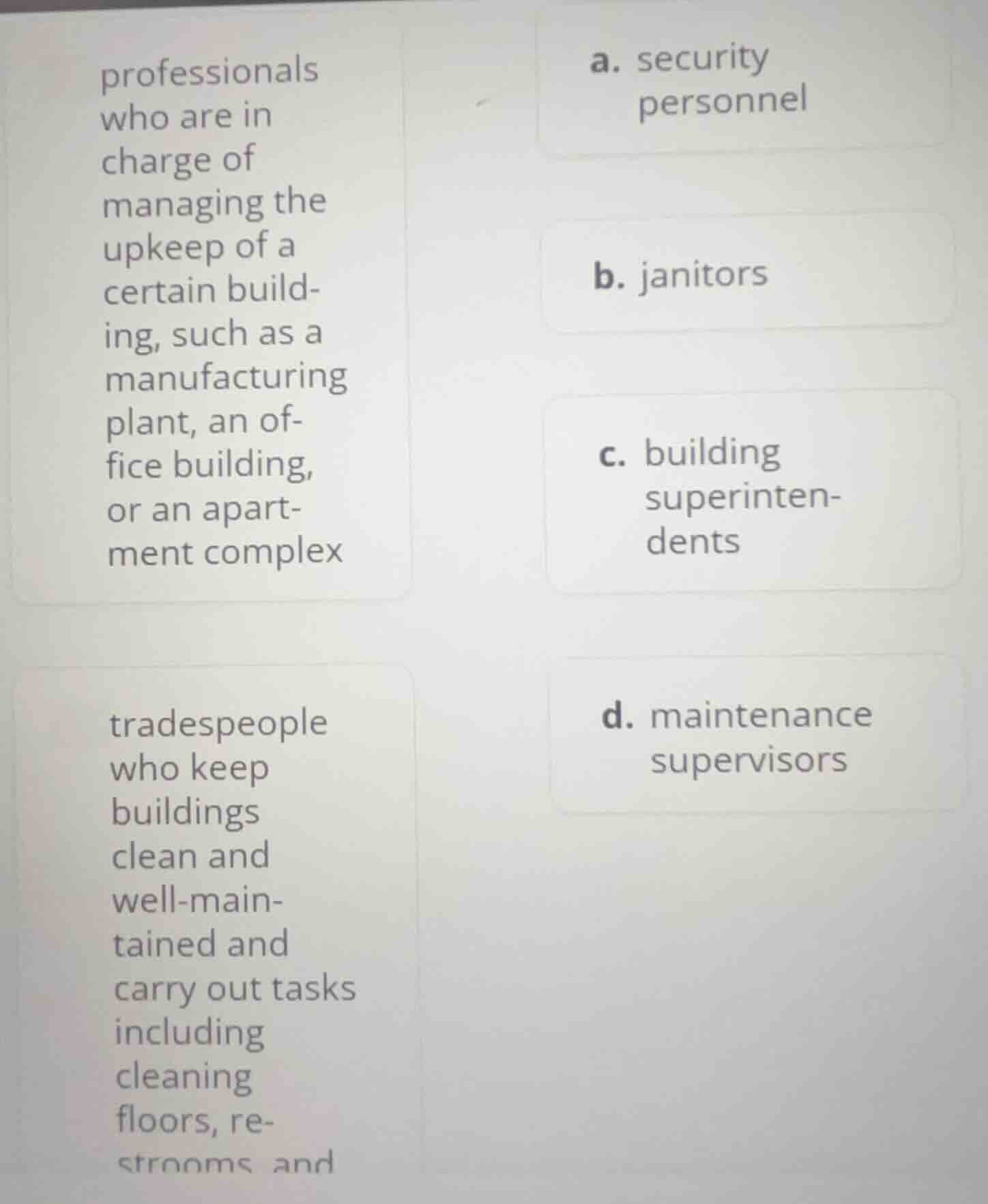 professionals who are in charge of managing the upkeep of a certain bui…
