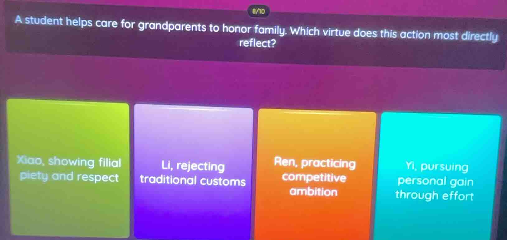 a student helps care for grandparents to honor family. which virtue doe…
