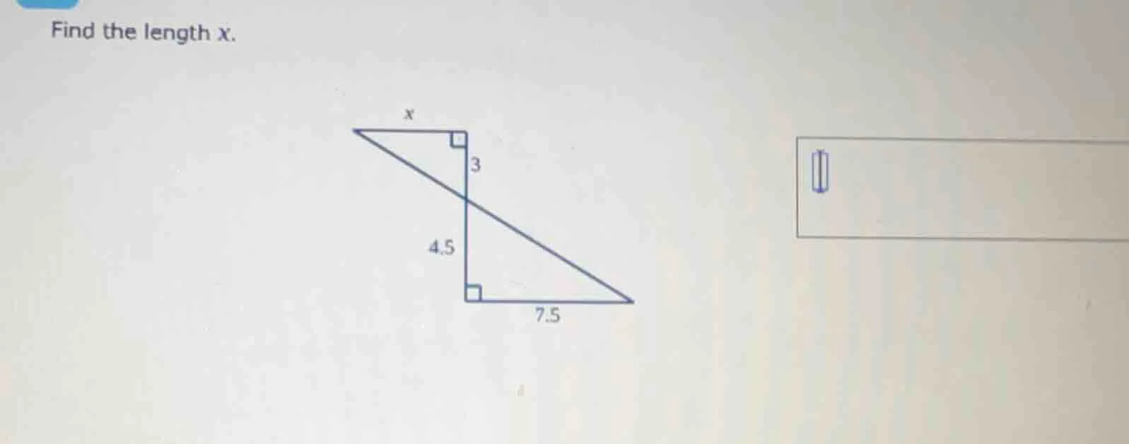 find the length x. diagram of two right triangles with a common hypoten…