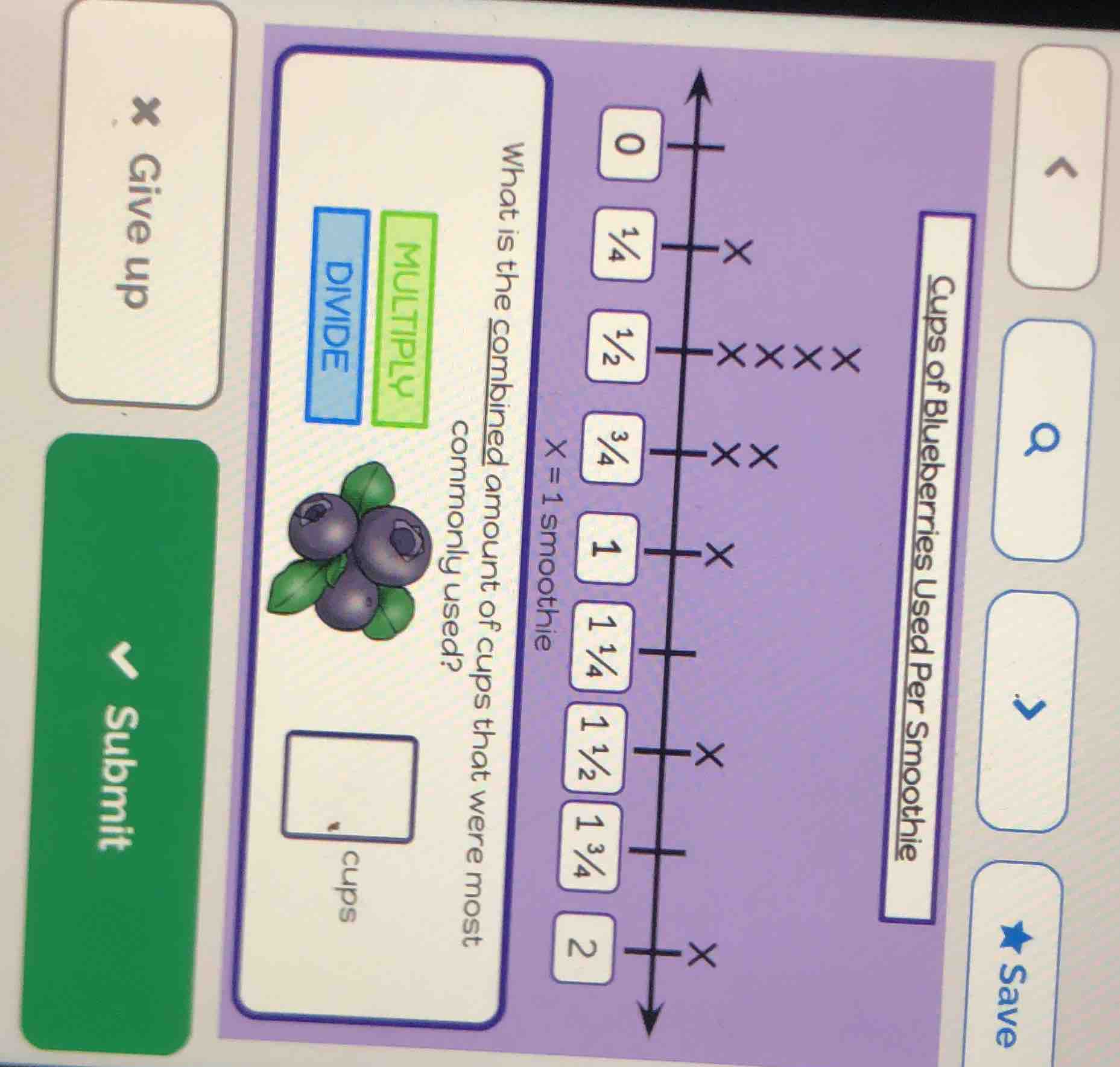 cups of blueberries used per smoothie x = 1 smoothie what is the combin…